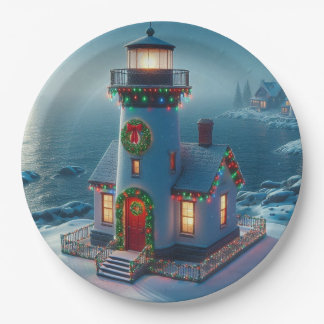 Vintage Christmas lighthouse Paper Plate