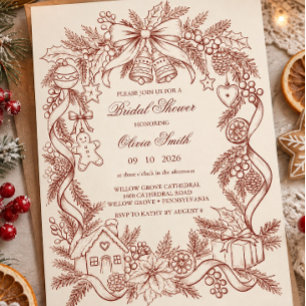 Vintage Christmas Line art Bridal Shower Invitation
