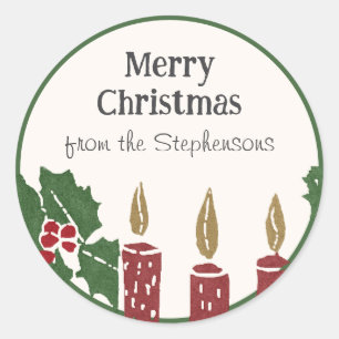 Vintage Christmas Linocut Print Candles Classic Round Sticker