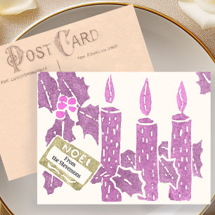Vintage Christmas Linocut Print Pink Candles Postcard