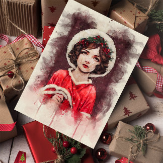 Vintage Christmas Little Girl In Red in Winter Card