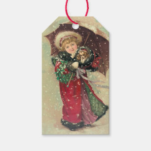 Vintage Christmas Little Girl & Puppy in her Muff Gift Tags