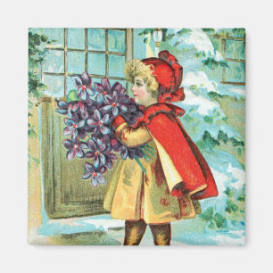 Vintage Christmas Little Girl & Violets Magnet