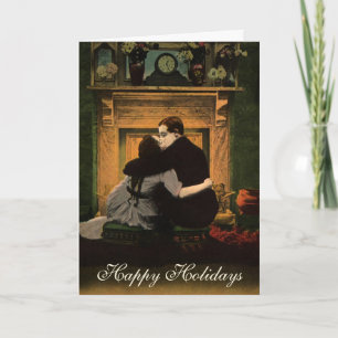 Vintage Christmas, Love and Romance Fireplace Holiday Card