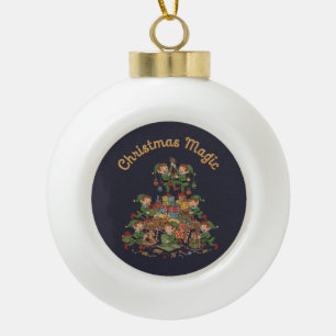 Vintage Christmas Magic Elves Building a Holiday Ceramic Ball Christmas Ornament