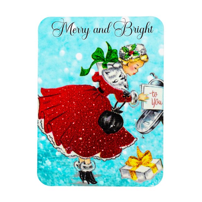 Vintage Christmas mail box red glitter girl Magnet (Vertical)