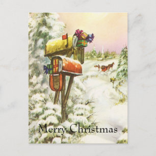 Vintage Christmas, Mailboxes in Winter Landscape  Holiday Postcard