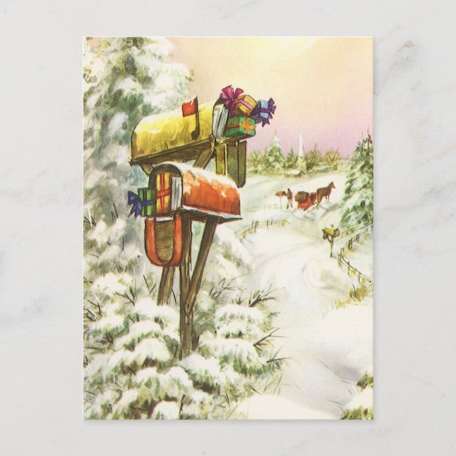 Vintage Christmas, Mailboxes in Winter Landscape  Holiday Postcard (Front)