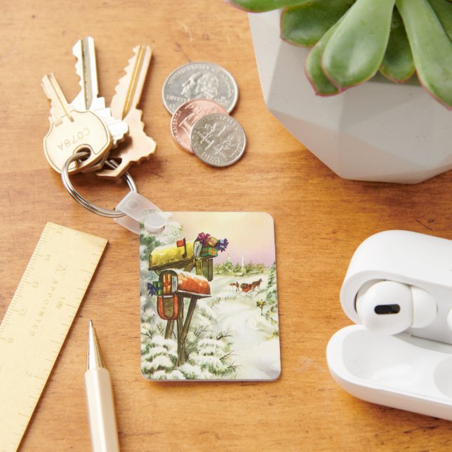 Vintage Christmas, Mailboxes in Winter Landscape  Key Ring (Desk)