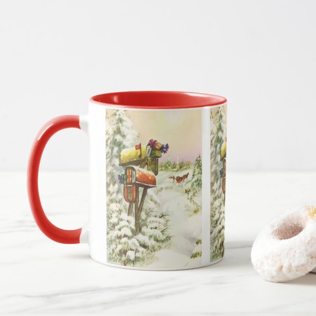 Vintage Christmas, Mailboxes in Winter Landscape  Mug (With Donut)