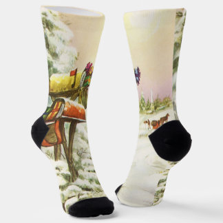 Vintage Christmas, Mailboxes in Winter Landscape  Socks