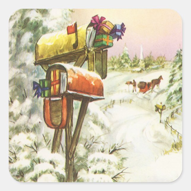 Vintage Christmas, Mailboxes in Winter Landscape  Square Sticker (Front)
