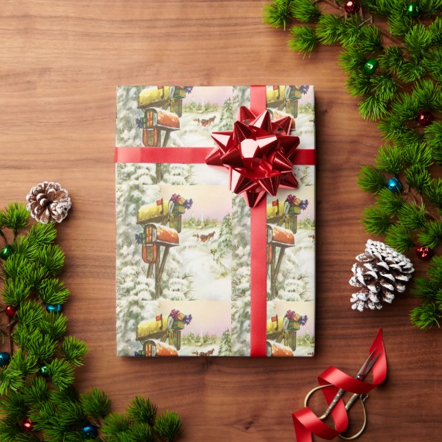 Vintage Christmas, Mailboxes in Winter Landscape  Wrapping Paper (Holiday Gift)