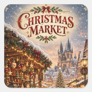 Vintage Christmas Market , European Travel holiday Square Sticker