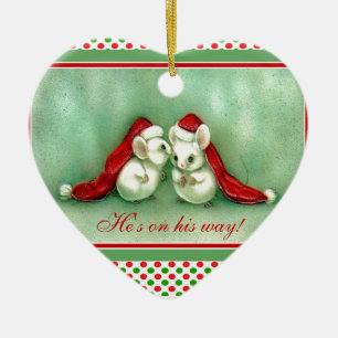 Vintage Christmas Mice with Red Santa Hats Ceramic Tree Decoration