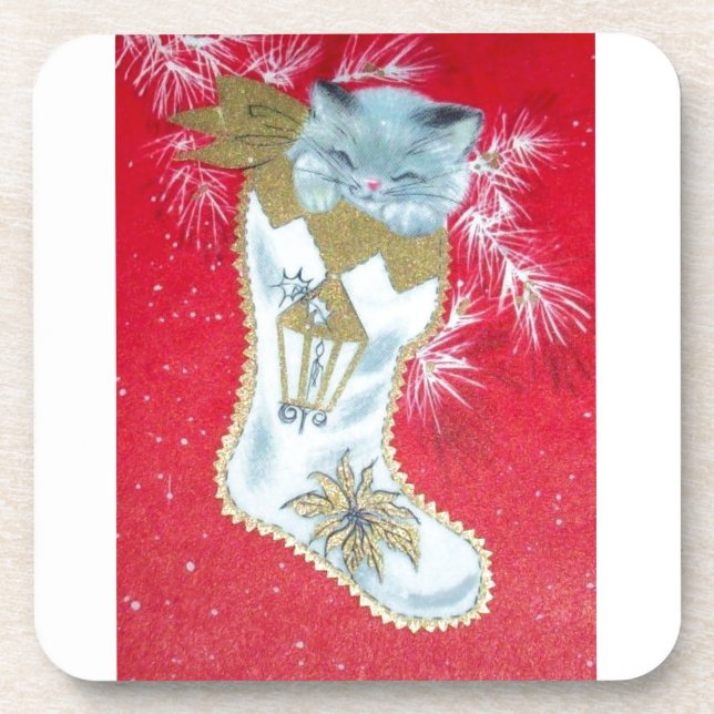 Vintage Christmas Mid Century Kitten Coaster (Front)