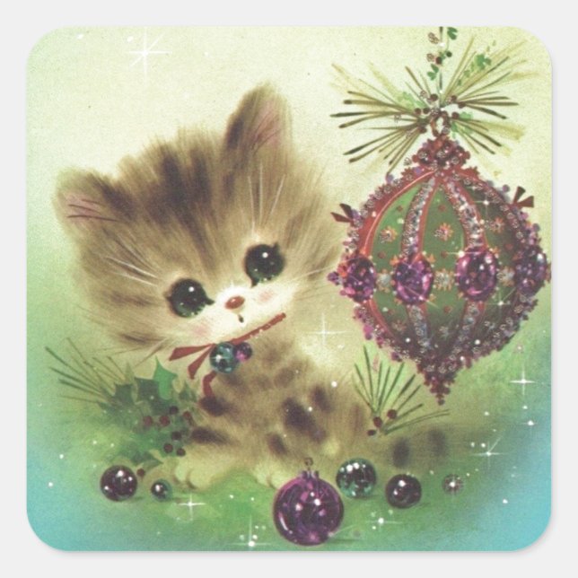 Vintage Christmas Mid Century Pastel Kitten Square Sticker (Front)