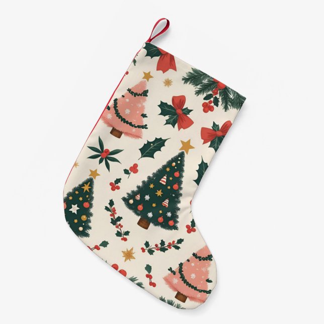 Vintage Christmas Mistletoe & Bows Holiday Small Christmas Stocking (Front (Hanging))