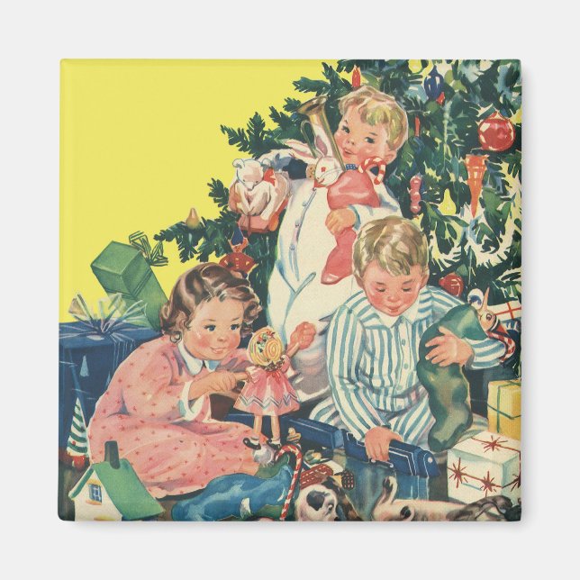 Vintage Christmas Morning, Children Opening Gifts Magnet (Front)