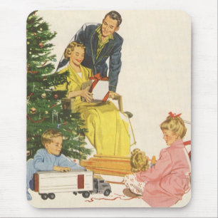 Vintage Christmas Morning, Family Opening Presents Mouse Pad