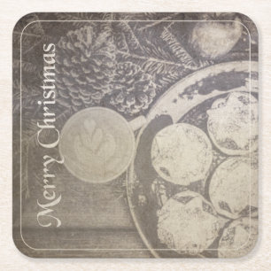 Vintage Christmas Motif with Cookies and Coffee Square Paper Coaster