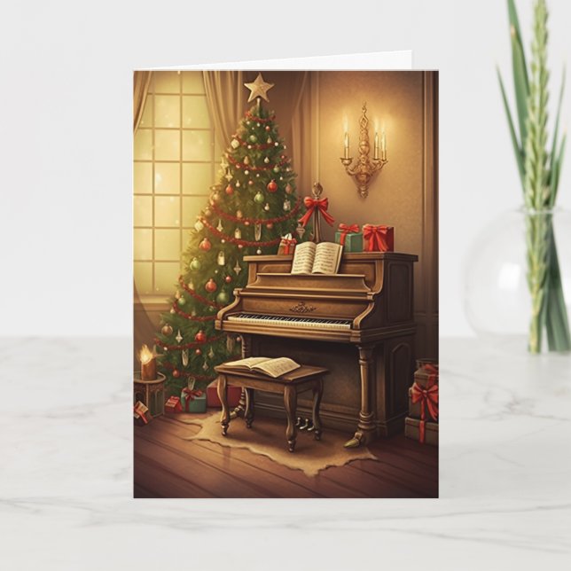 Vintage Christmas Music Grand Piano Painting Holiday Card (Front)