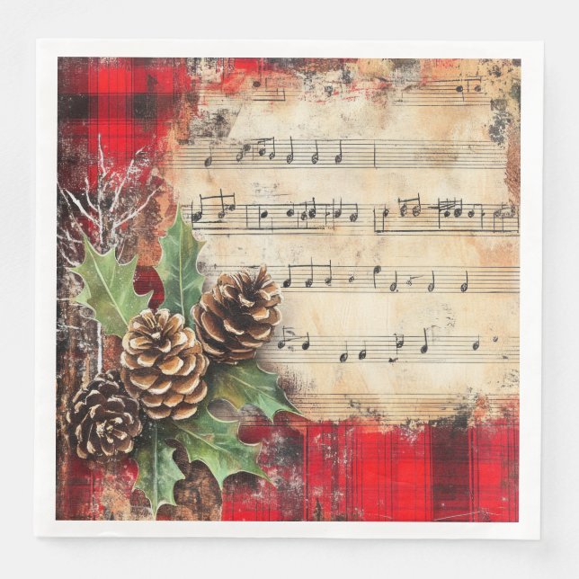 Vintage Christmas Musical Notes Pine Cones Holiday Napkin (Front)