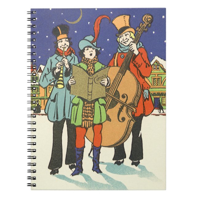 Vintage Christmas, Musicians Caroling with Music Spiral Notebook (Front)