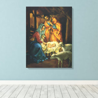 Vintage Christmas Nativity, Baby Jesus in Manger Canvas Print
