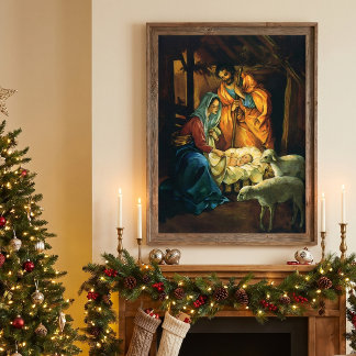 Vintage Christmas Nativity, Baby Jesus in Manger Poster