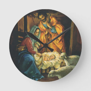 Vintage Christmas Nativity, Baby Jesus in Manger Round Clock
