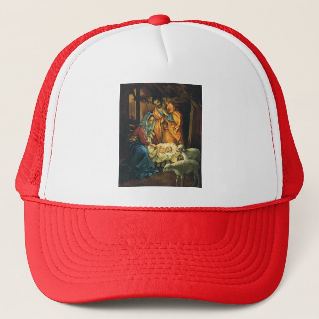 Vintage Christmas Nativity Jesus in Manger Trucker Hat (Front)