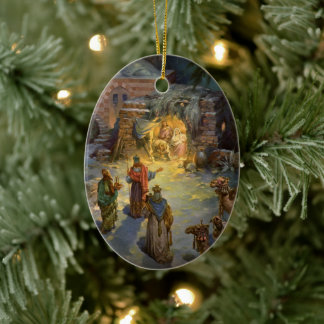 Vintage Christmas Nativity with Visiting Magi Ceramic Tree Decoration