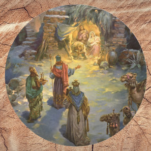 Vintage Christmas Nativity with Visiting Magi Classic Round Sticker