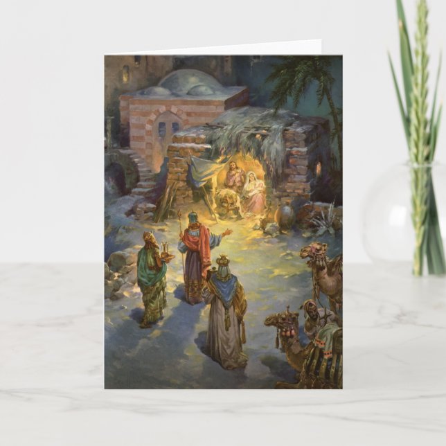 Vintage Christmas Nativity with Visiting Magi Holiday Card (Front)