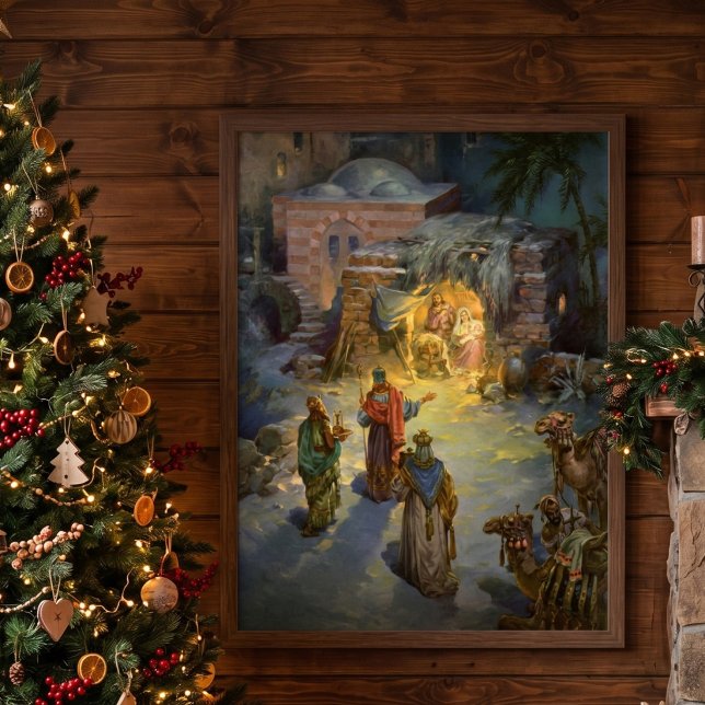 Vintage Christmas Nativity with Visiting Magi Poster (Vintage illustration religious Christmas image featuring a classic nativity scene in Bethlehem.)