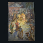 Vintage Christmas Nativity with Visiting Magi Tea Towel<br><div class="desc">Vintage illustration religious Christmas holiday image featuring a nativity family scene. A Christian religion design with the three wise men visiting Mary and Joseph with the baby Jesus Christ in the manger in Bethlehem.</div>