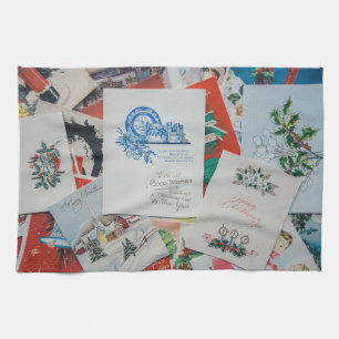 Vintage Christmas & New Year cards kitchen Tea Towel