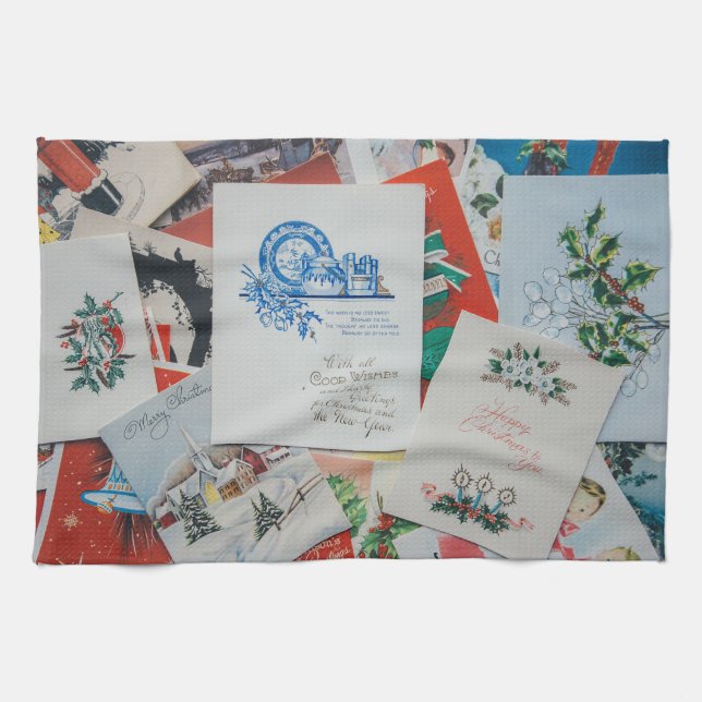 Vintage Christmas & New Year cards kitchen Tea Towel (Horizontal)