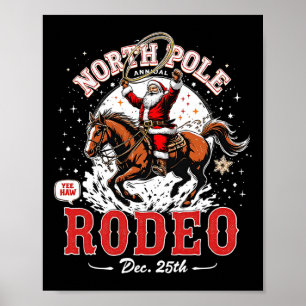 Vintage Christmas North Pole Rodeo Funny Santa Cow Poster