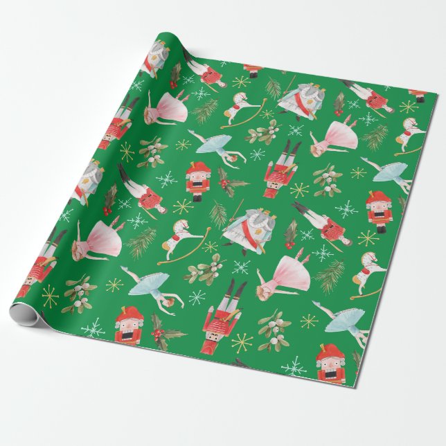 Vintage Christmas Nutcracker Fairy Tale Green  Wrapping Paper (Unrolled)