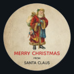 Vintage Christmas Old World Santa Claus Classic Round Sticker<br><div class="desc">Merry Christmas stickers with a vintage Old World Christmas Santa Claus. Classic old world santa, wearing his famous red coat and carrying a bag full of toys. This old-fashioned Santa, is slim and holds a walking stick for travelling throughout the land gifting toys to all the girls and boys. Old...</div>