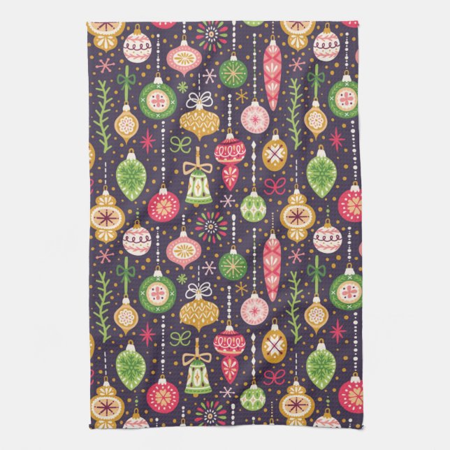 Vintage Christmas Ornament Pattern Tea Towel (Vertical)