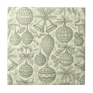 Vintage Christmas Ornament Toile Sage Green Cream Tile