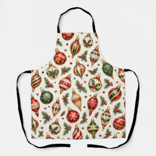 Vintage Christmas Ornaments and Holly Pattern Apron