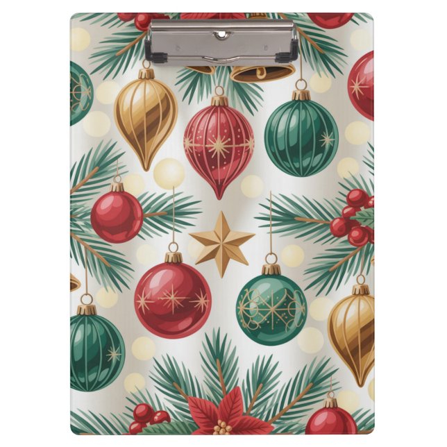 Vintage Christmas Ornaments and Pine  Clipboard (Front)