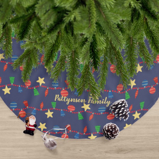 Vintage Christmas ornaments elegant blue Brushed Polyester Tree Skirt (Custom colorful retro Christmas ornaments tree skirt with your name)