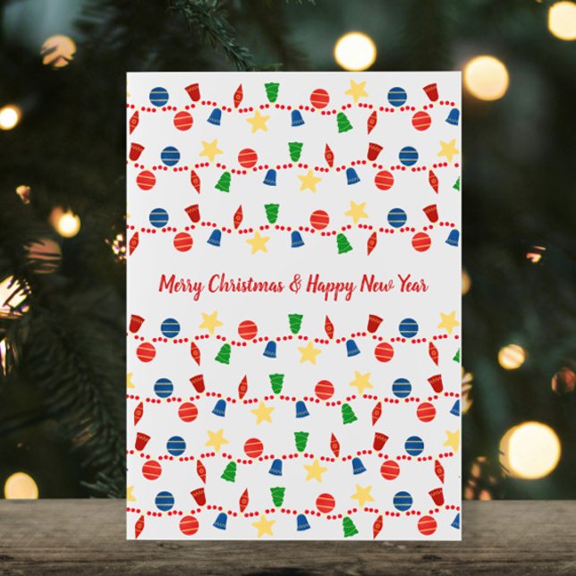 Vintage Christmas ornaments garland photo Holiday Card (Cute retro Christmas card with vintage Christmas ornaments and red beaded garland with your photo)