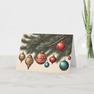 Vintage Christmas Ornaments Hanging on Branch Holiday Card
