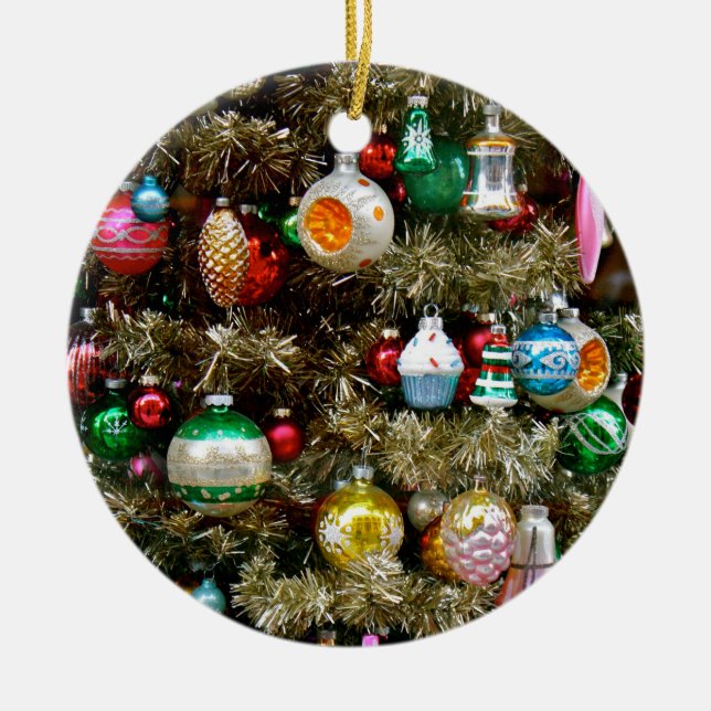 Vintage Christmas Ornaments on a Tinsel Tree (Front)